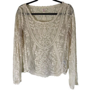 Xhilaration Womens Small White Ivory Floral Lace Blouse Sheer Top Embroidered
